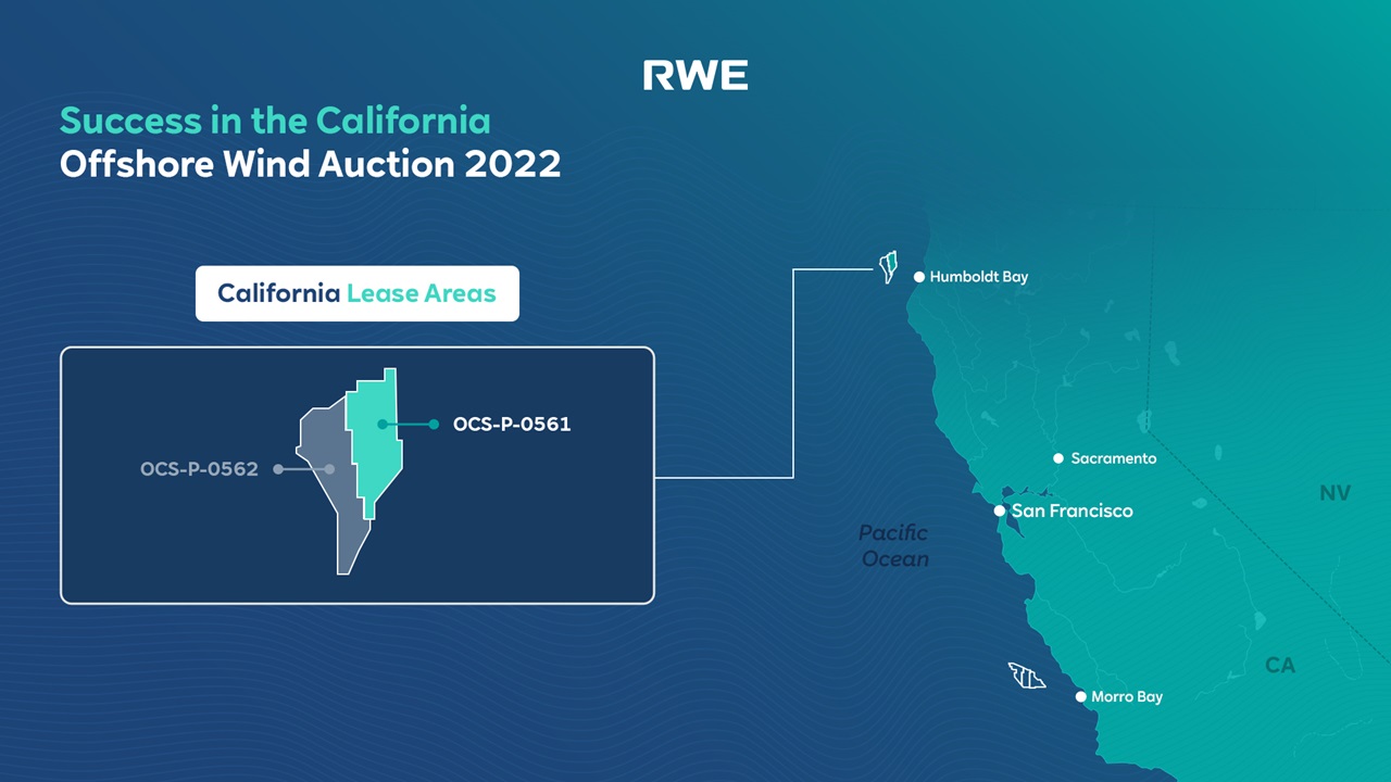 カリフォルニアの沖合風力発電のリースエリアを示す地図で、OCS-P-0561とOCS-P-0562が強調されています。