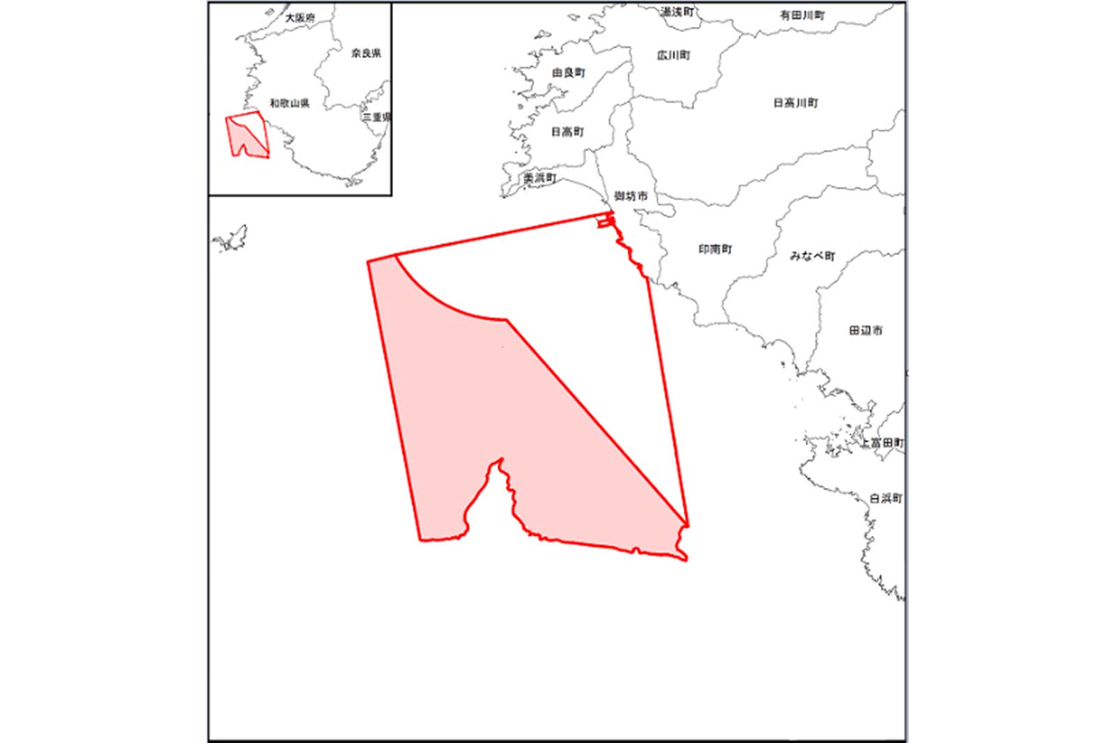 赤いアウトラインとピンクの影付きで地域を強調した地図。周辺の地名とインセットマップが含まれています。