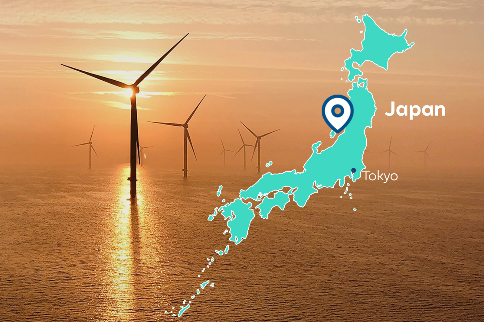 A sunset over the ocean featuring wind turbines, with a map of Japan highlighting Tokyo.