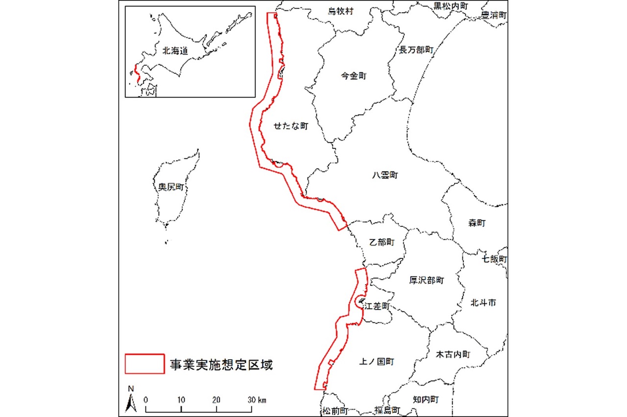 北日本の事業実施予定区域を示す地図で、北海道の地図を内側に含んでいます。