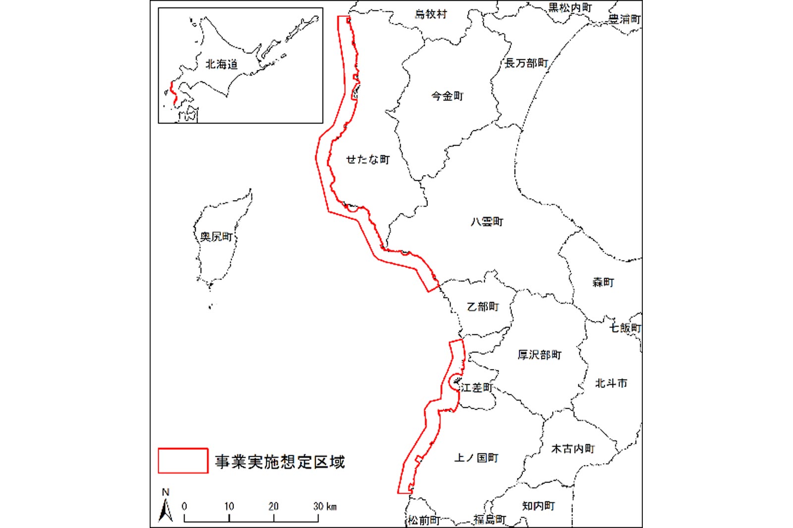 北日本の事業実施予定区域を示す地図で、北海道の地図を内側に含んでいます。