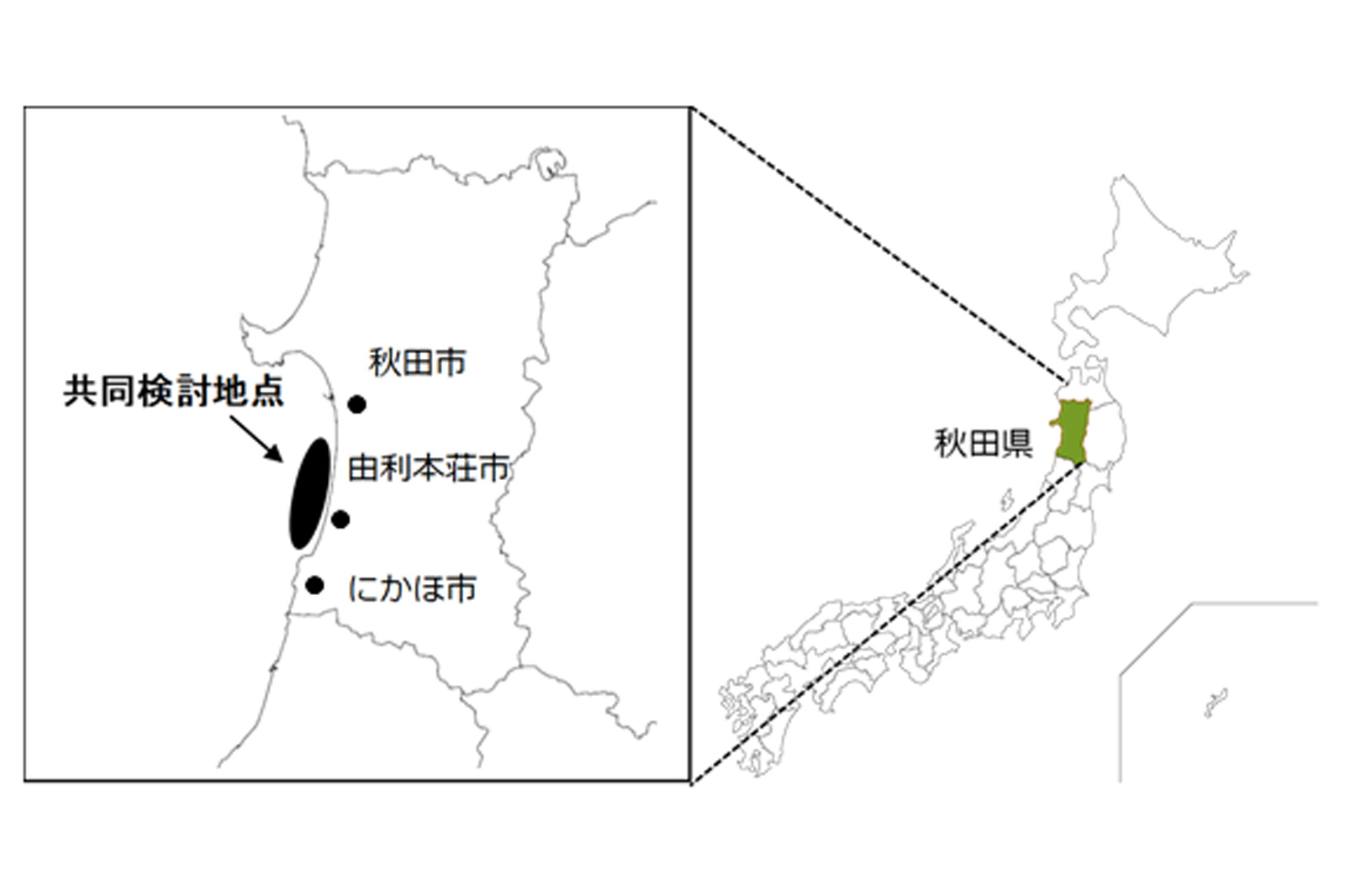 秋田県の地図で、都市と共同行論点を示し、日本語でラベル付けされています。