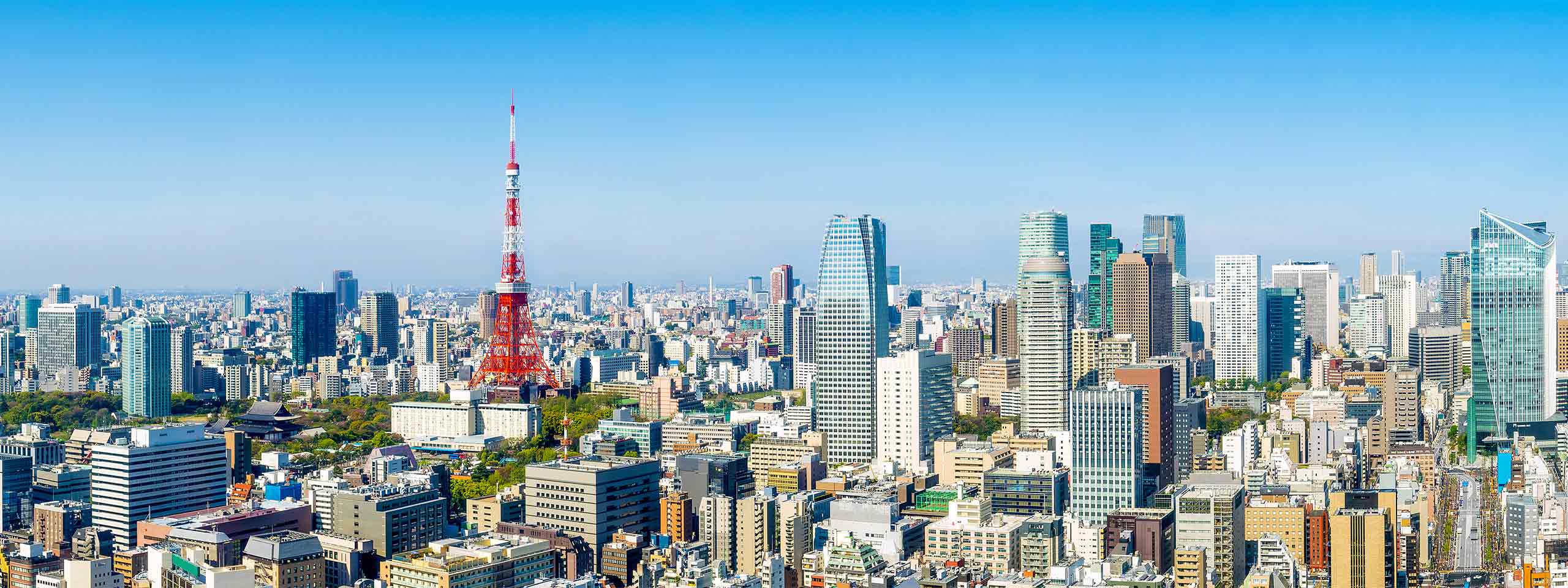 A panoramic view of Tokyo skyline featuring the iconic Tokyo Tower and modern skyscrapers under a clear blue sky.