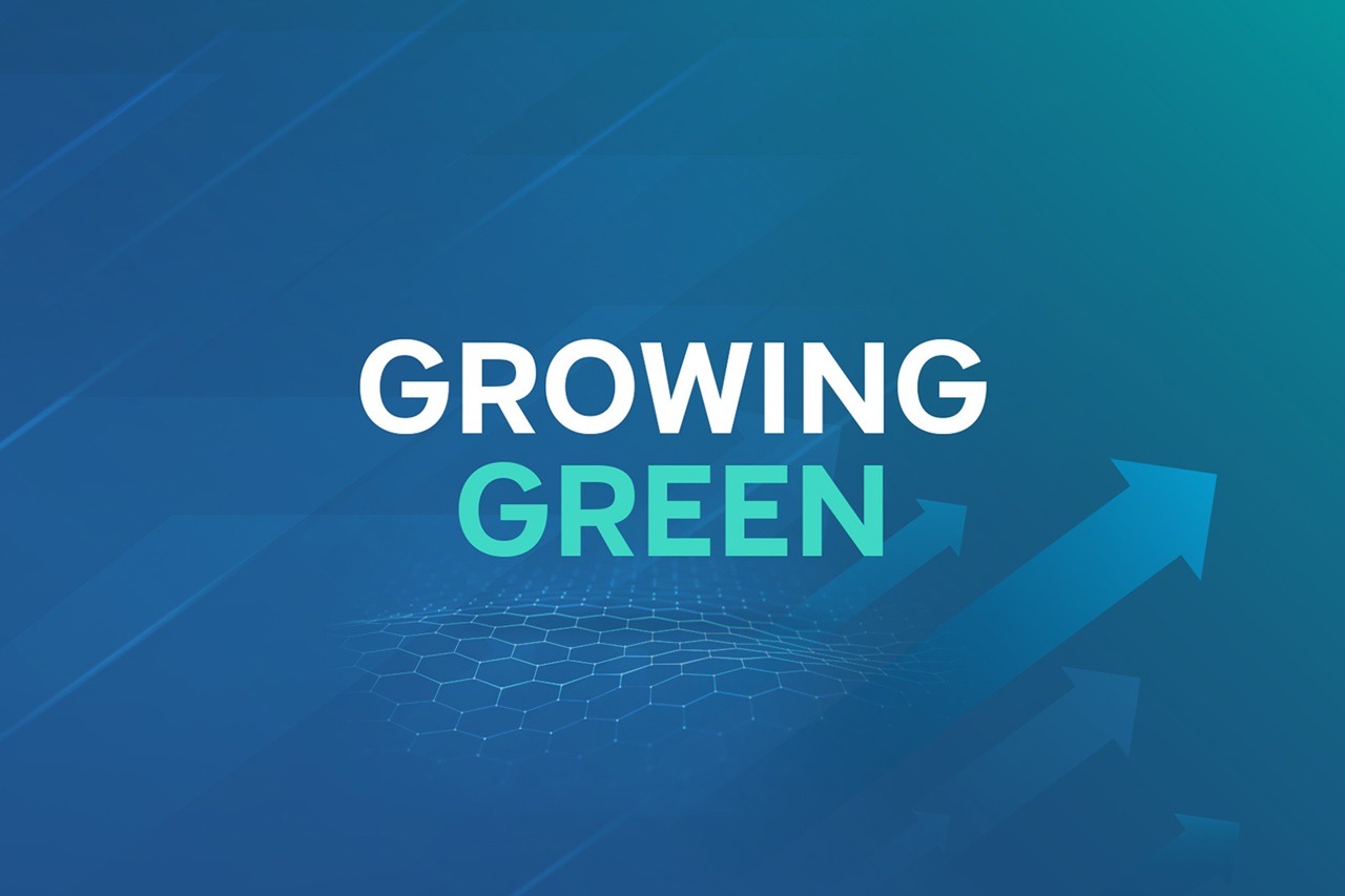 The text 'GROWING GREEN' on a blue background features upward arrows and a hexagonal pattern.