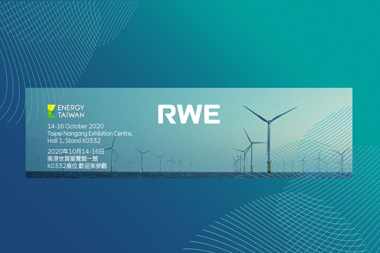 A graphic promoting Energy Taiwan 2020 event with wind turbines in the background and event details.