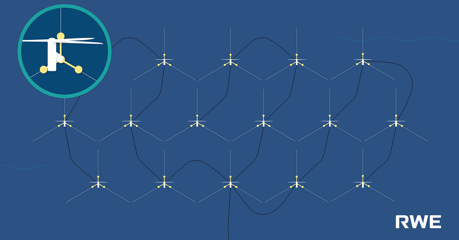 青い背景にRWEロゴのある風力発電機のグラフィック表現。